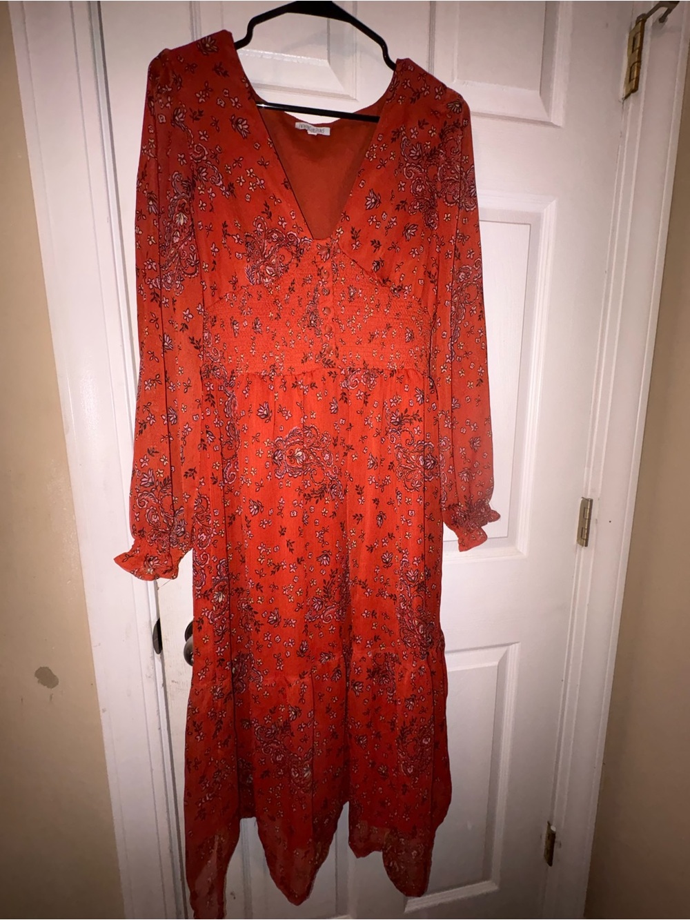 Patrons of Peace Red Floral Long-Sleeve V-Neck Midi Dress